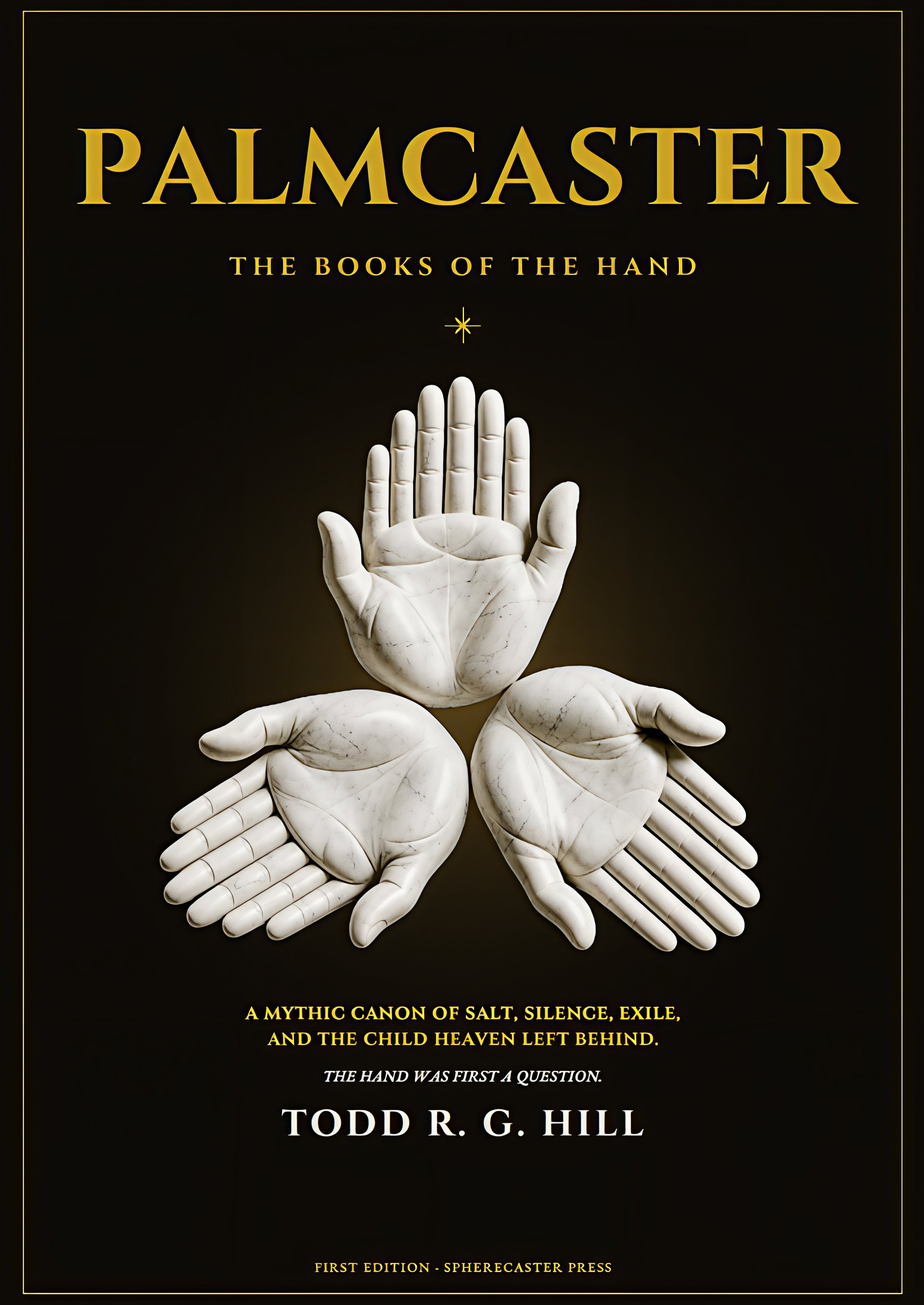 PalmCaster: The Books of the Hand — three open marble hands beneath a gilt star on a black ground.